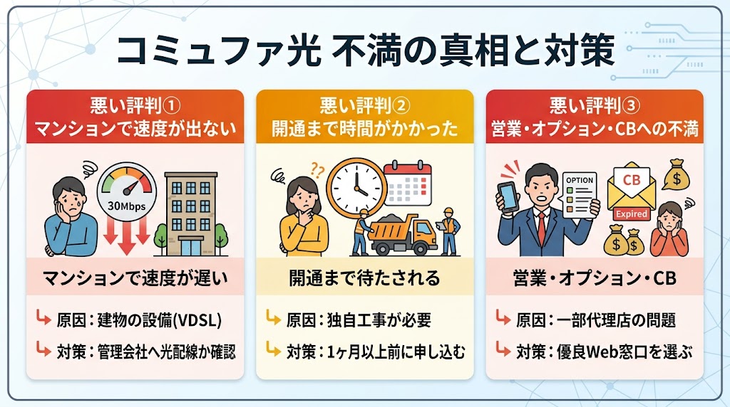 コミュファ光の悪い評判:3つの不満パターンと対策