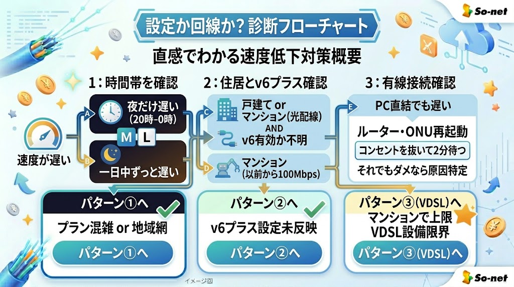 sonet光が遅い場合の診断フローチャート