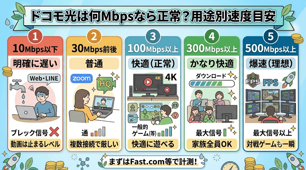 ドコモ光は何Mbpsなら正常？用途別の速度目安