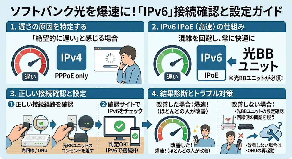 ソフトバンク光が遅い原因の解決方法｜IPv6の確認手順
