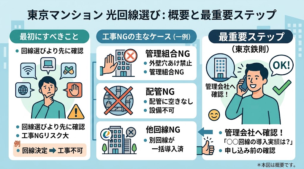 東京マンションの光回線選び最重要確認作業概要図