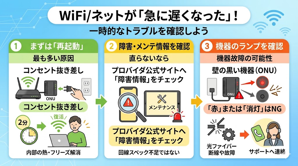 wifi昨日から急に遅くなった時の確認ポイント