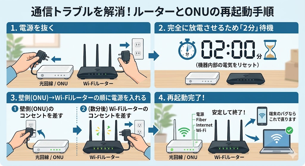 光回線が夜だけ遅いときのルーターとONUの再起動手順解説図