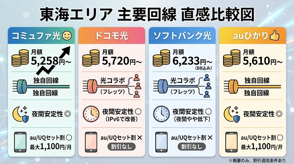 東海エリア主要回線との料金・速度・セット割比較