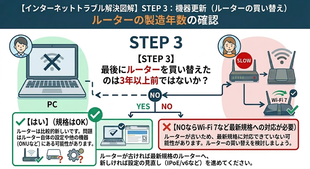 インターネットが繋がらない原因|ルーターの製造年数もつながらない原因に