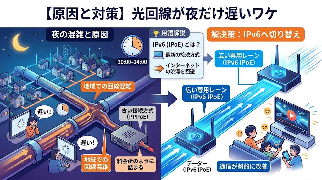 光回線が夜だけ遅い原因と対処法（IPv6未対応など）