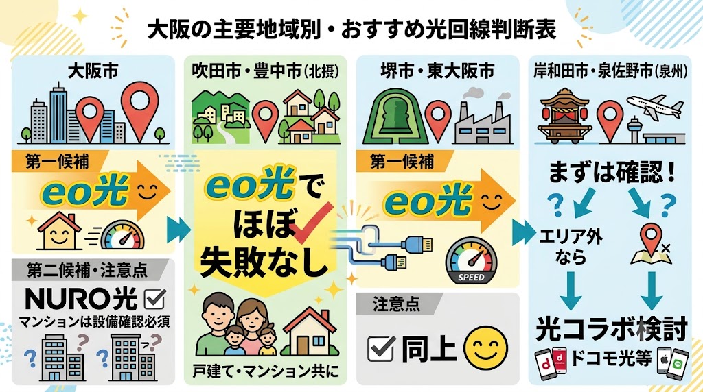 大阪の主要地域別・おすすめ光回線判断表