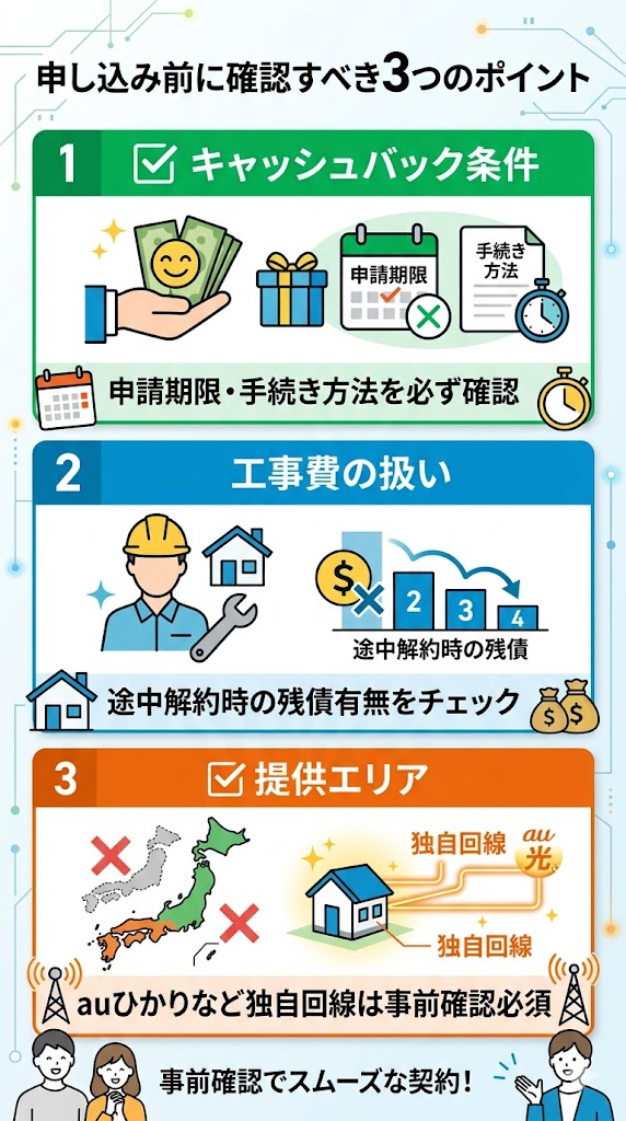 1 キャッシュバック条件 申請期限・手続き方法を必ず確認 2 工事費の扱い 途中解約時の残債有無をチェック 3 提供エリア auひかりなど独自回線は事前確認必須