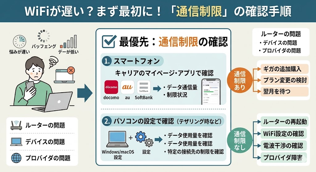 ポケットWiFiが遅い原因と対処法｜まずは通信制限がかかっていないか確認