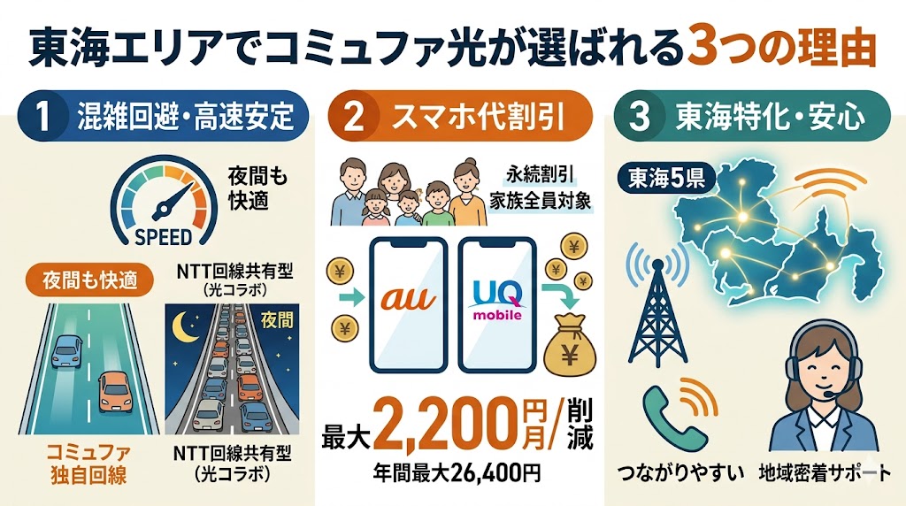 コミュファ光が選ばれる３つの理由