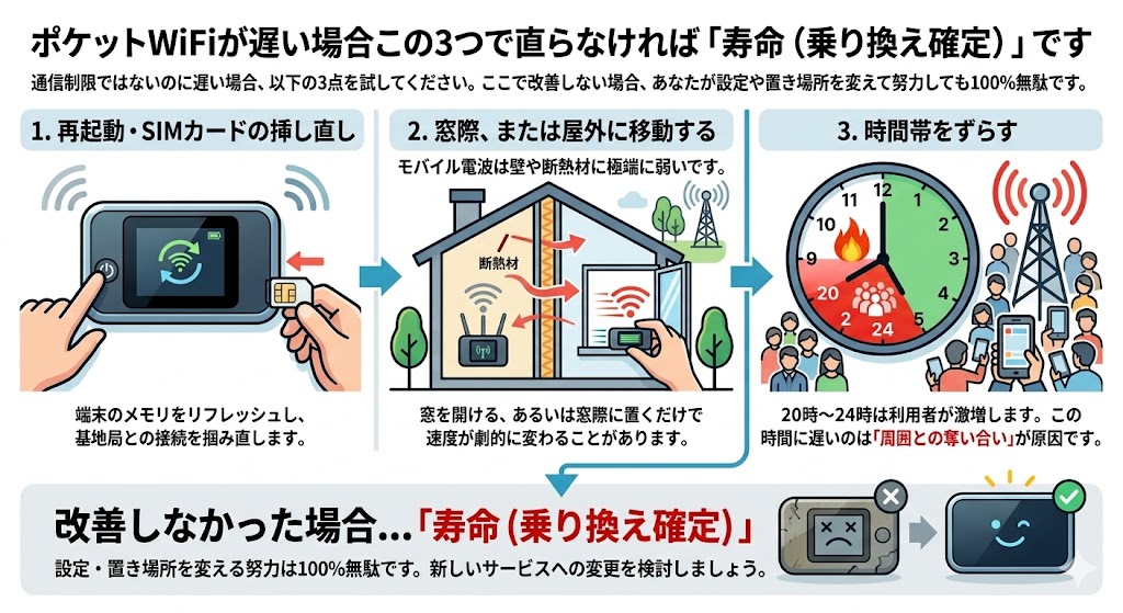 ポケットWiFiが遅い原因と対処法｜３つ確認して駄目なら乗り換え推奨