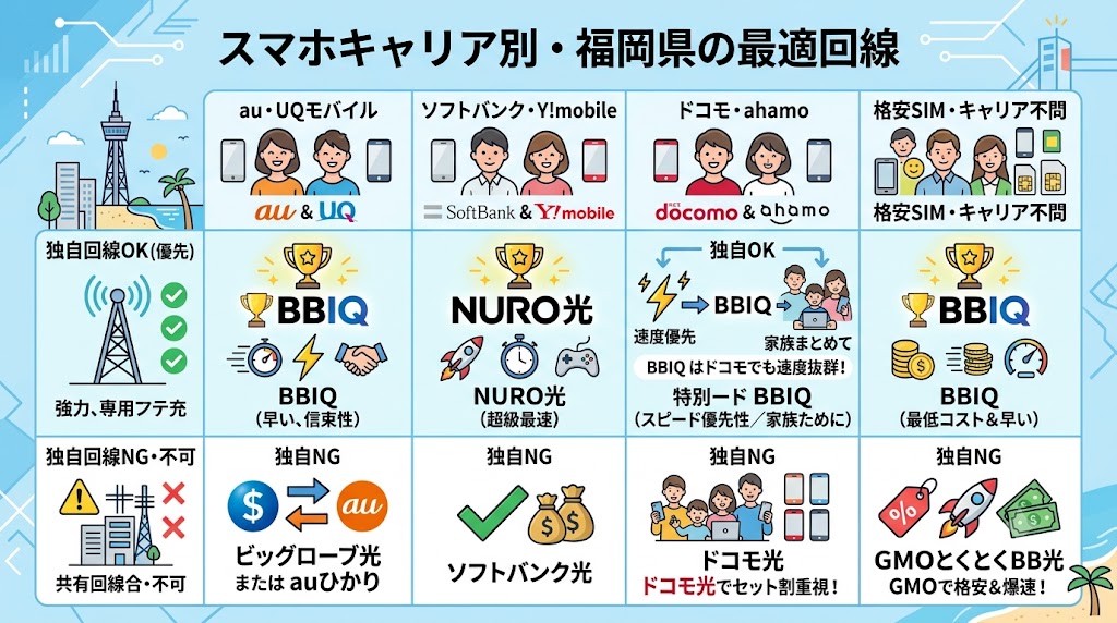 スマホキャリア別・福岡県の最適回線
