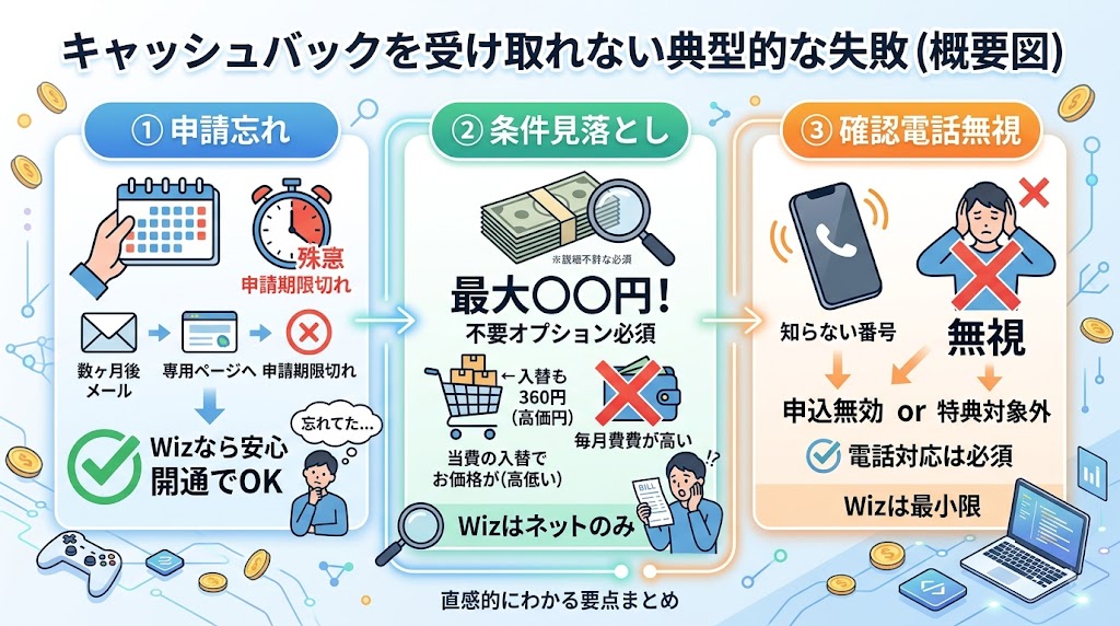 キャッシュバックを受け取れない典型的な失敗