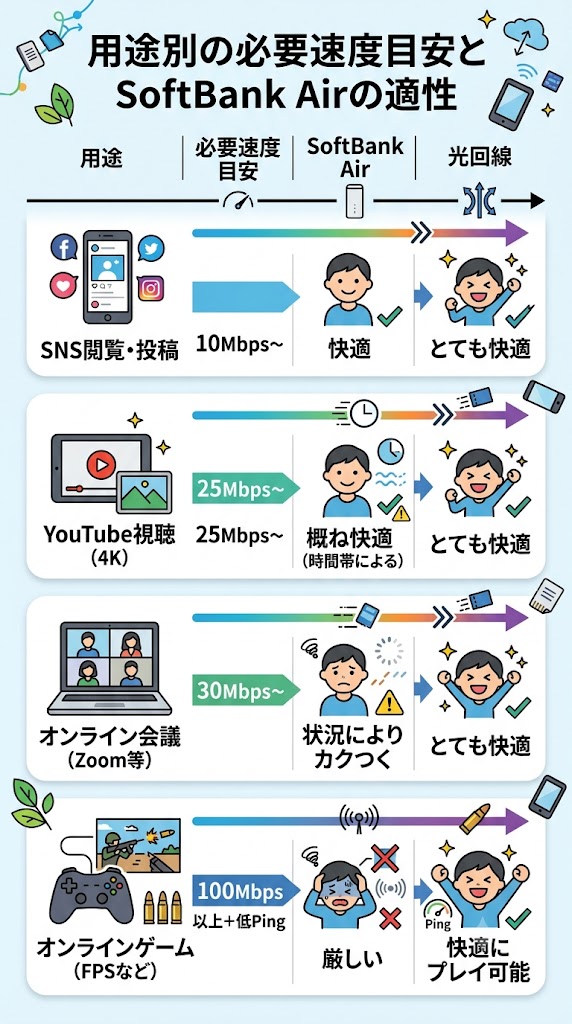 用途別の必要速度目安とSoftBank Airの適性