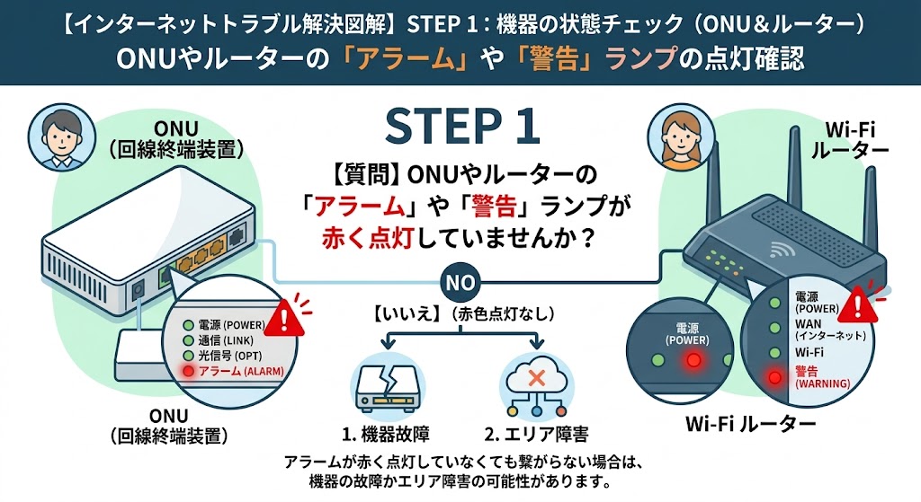 インターネットが繋がらない原因|ONUやルーターのランプの点灯確認方法