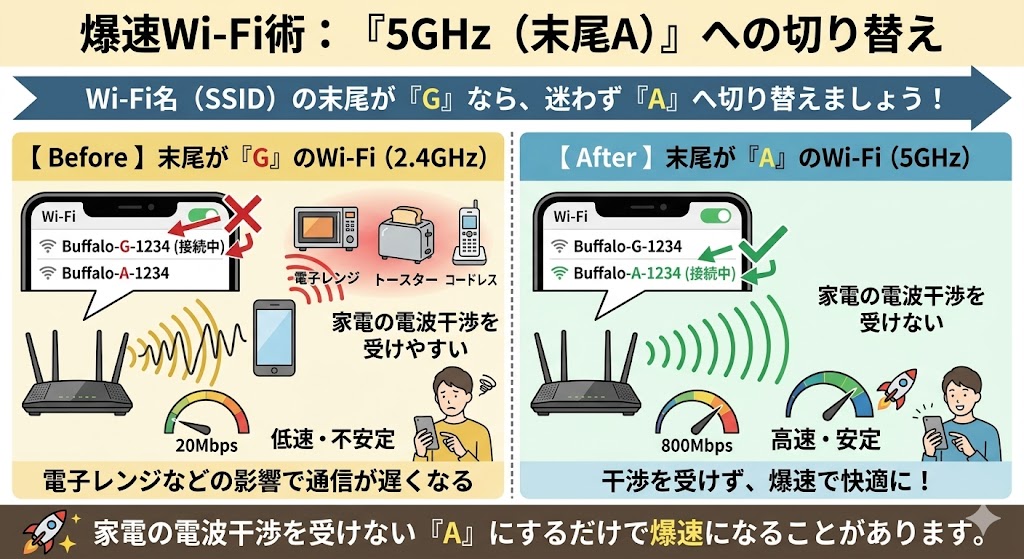 WiFiが遅い原因と対処法｜wifi名をGからAに変えて改善チェック