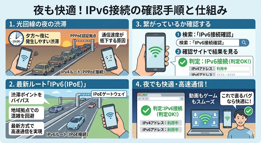光回線が夜だけ遅いときのIPｖ6接続の確認手順解説図