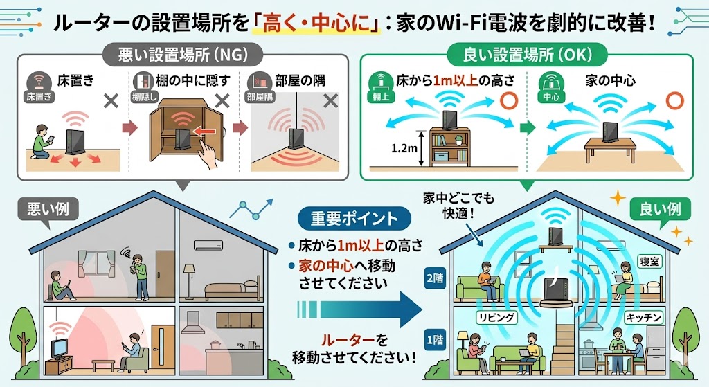 WiFiが遅い原因と対処法｜ルーターを置く場所を変えて改善するかチェック
