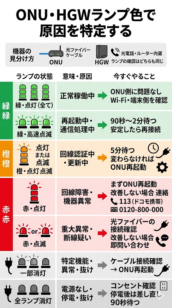 ドコモ光はONUのランプ状態で原因特定