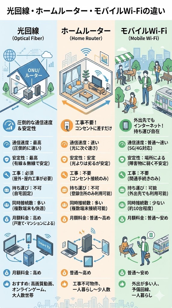 光回線・ホームルーター・モバイルWi-Fiの違いの図説
