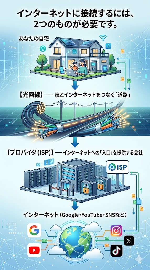 インターネットに接続するには、2つのものが必要です。  あなたの自宅  　　↓  【光回線】── 家とインターネットをつなぐ「道路」  　　↓  【プロバイダ（ISP）】── インターネットへの「入口」を提供する会社  　　↓  インターネット（Google・YouTube・SNSなど）