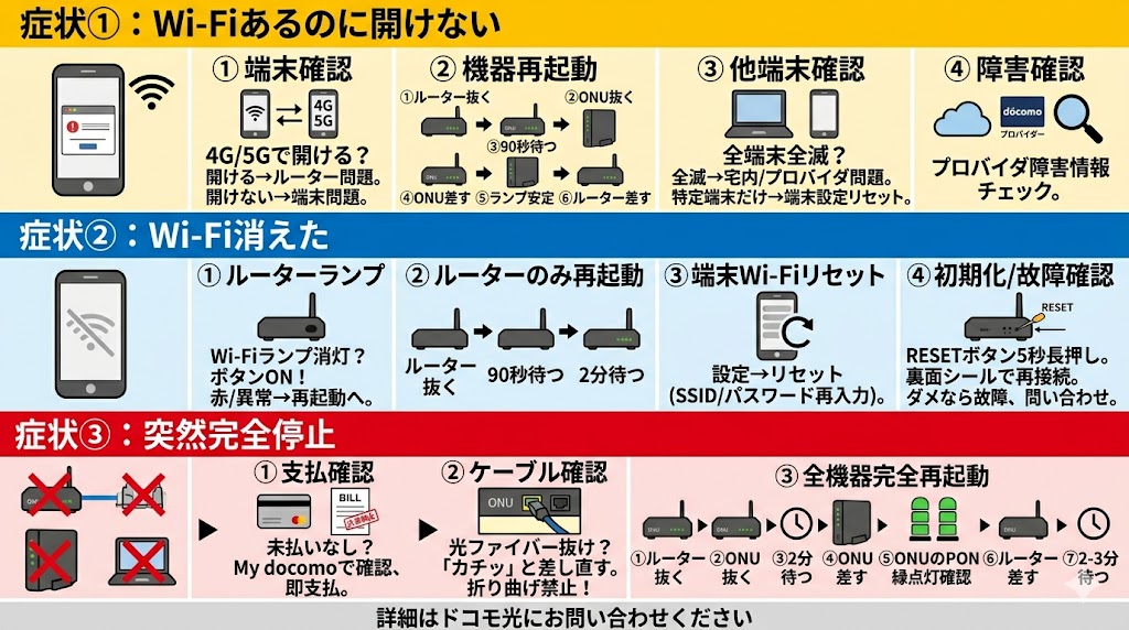 ドコモ光でつながらない症状と初期対応まとめ