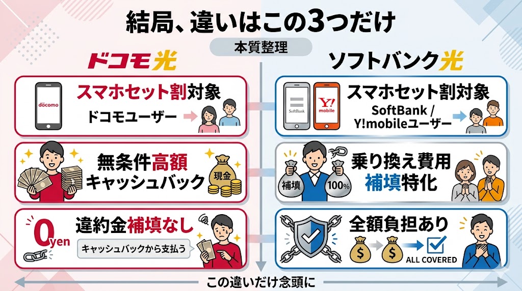 ドコモ光とソフトバンク光の違いはこれだけ
