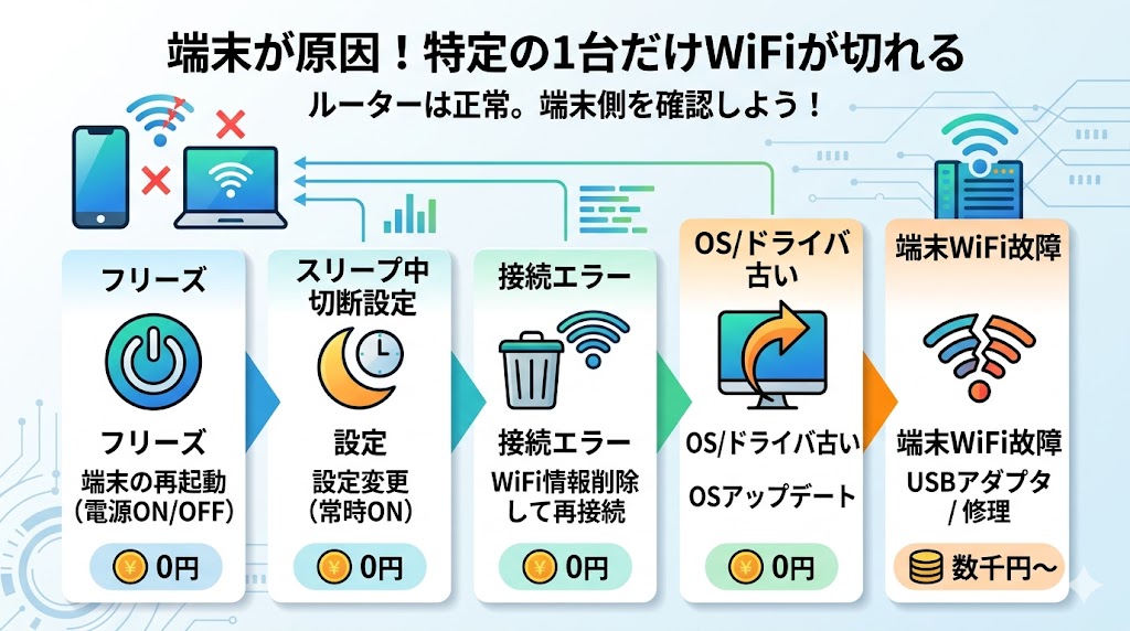 特定の端末だけWiFiが切れる原因を順番に確認