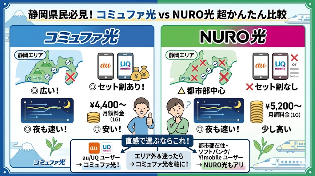 静岡県民専用コミュファ光・NURO光の比較判断図