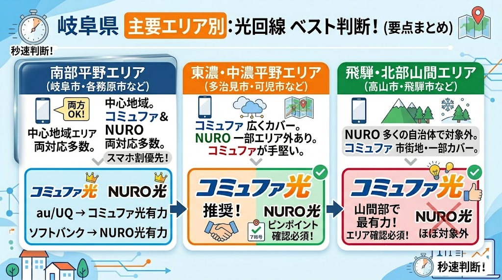 岐阜県主要エリア別のおすすめ光回線判断図