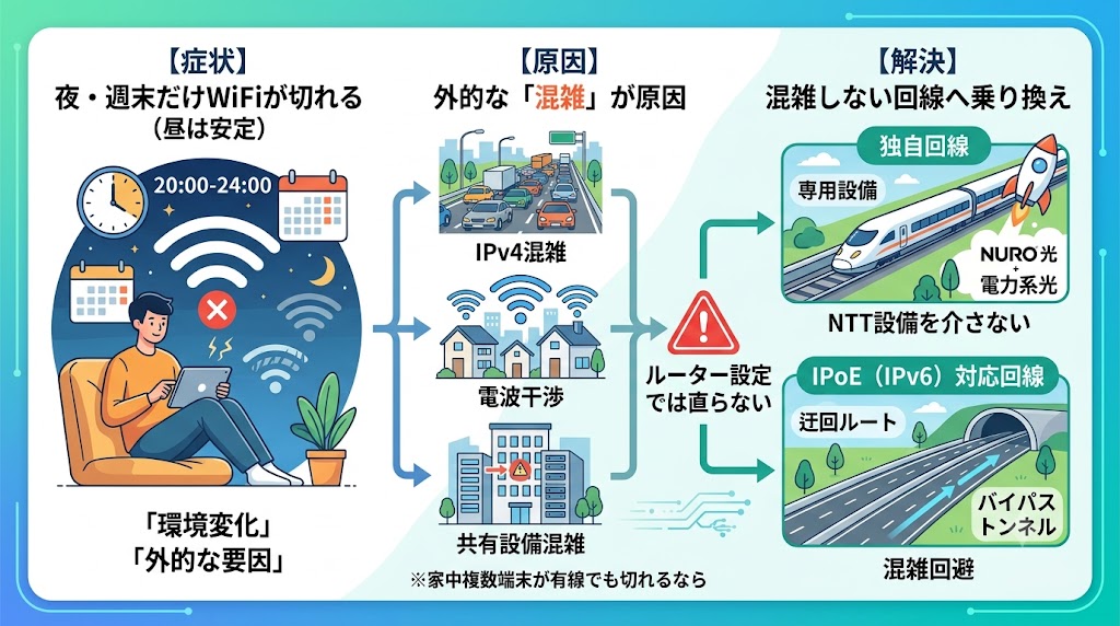 夜だけ・ピーク時間帯だけWiFiが切れる原因と解決策