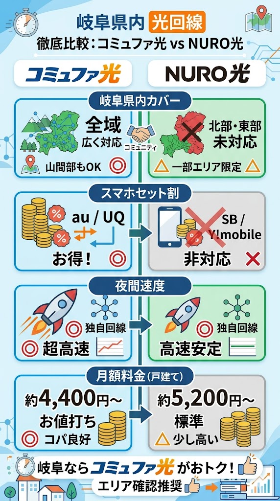 岐阜県NURO光とコミュファ光の比較図