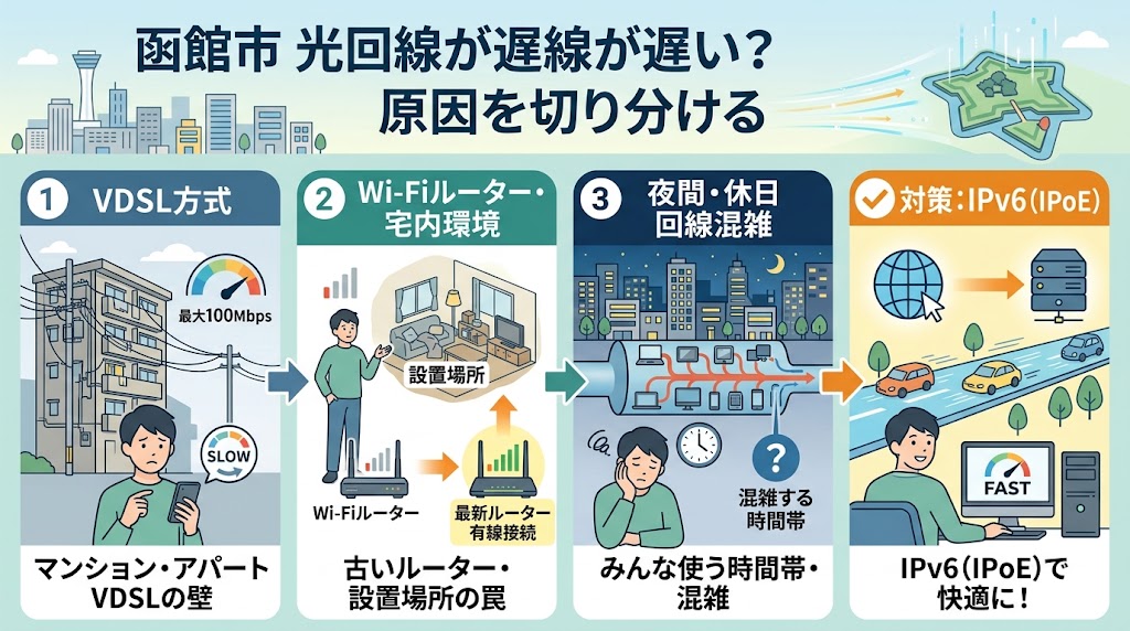 函館市で光回線が遅いときは原因を切り分ける