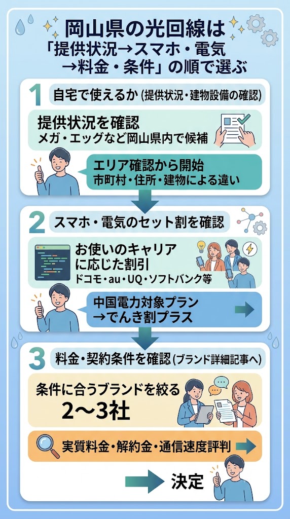 岡山県の光回線は「提供状況→スマホ・電気→料金・条件」の順で選ぶ