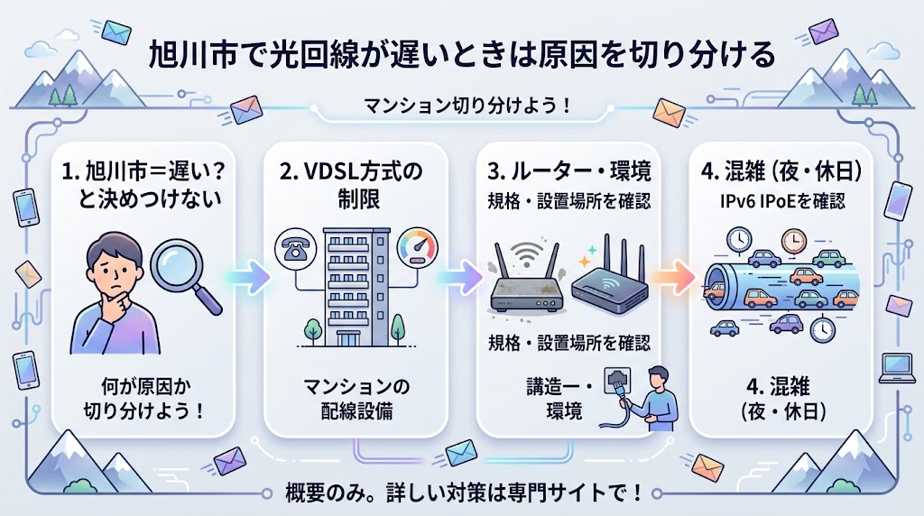 旭川市で光回線が遅いときは原因を切り分ける
